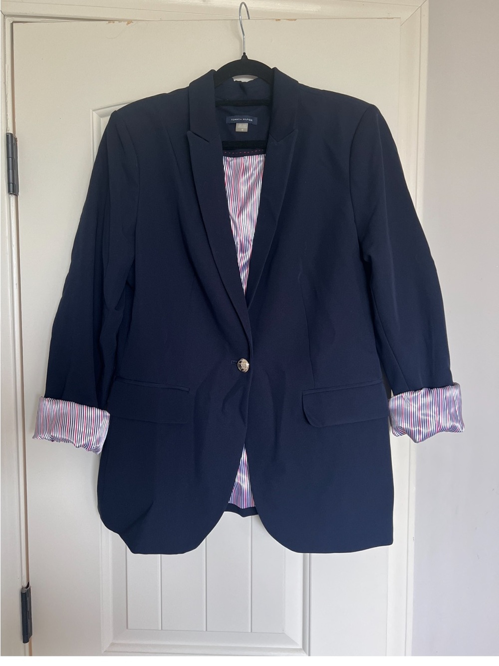 Tommy Hilfiger Women’s Navy Single-Button Blazer with Striped Lining